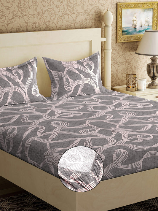 Klotthe Grey Abstract 300 TC Cotton Blend Fitted Double Bedsheet with 2 Pillow Covers