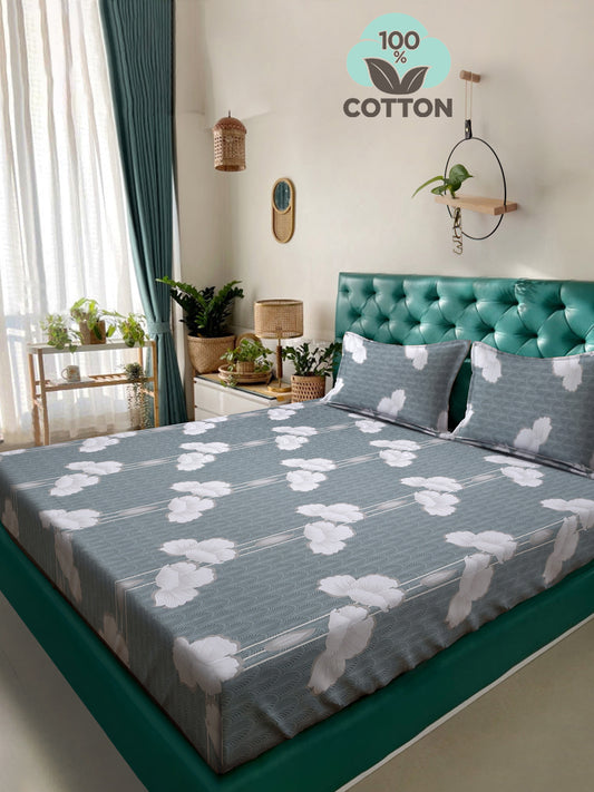 Klotthe Grey Floral 400 TC Pure Cotton Double Bedsheet with 2 Pillow Covers
