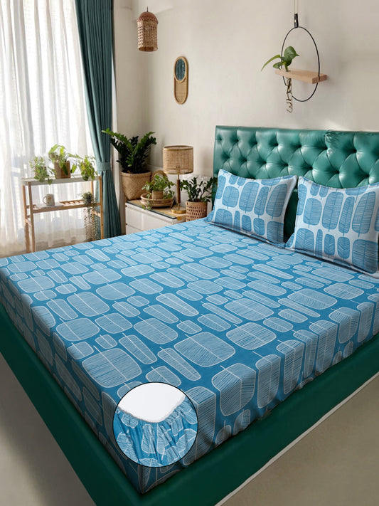 Klotthe Turquoise Geometric 300 TC Cotton Blend Fitted Double Bedsheet with 2 Pillow Covers