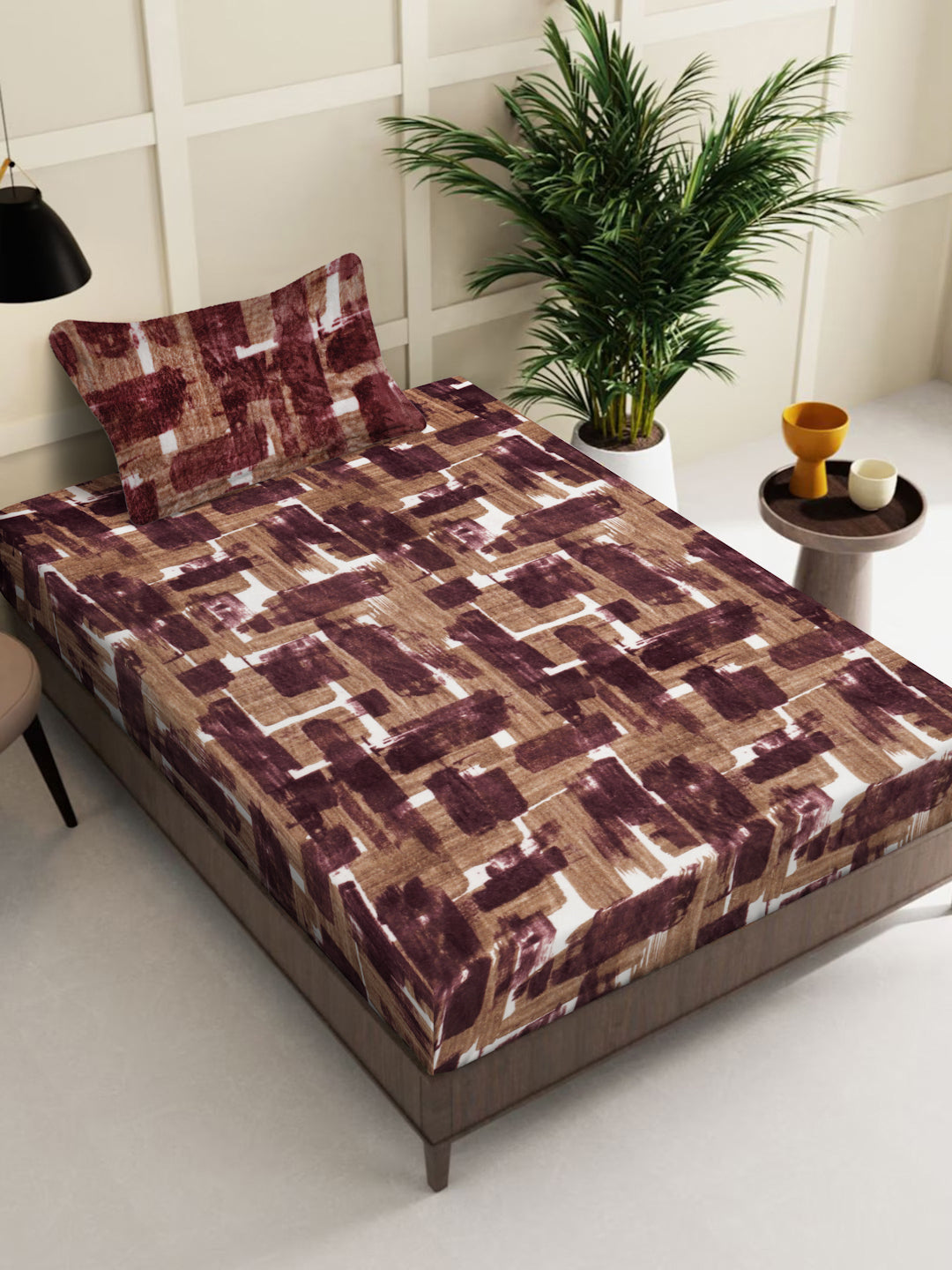 Klotthe Rust Geometric Woolen Single Bed Sheet with Pillow Cover