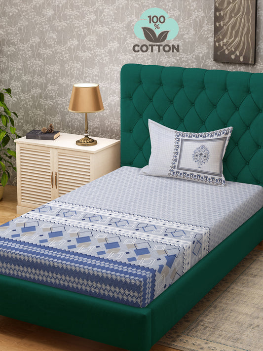 Klotthe Blue Geometric 400 TC Pure Cotton Single Bedsheet with Pillow Cover