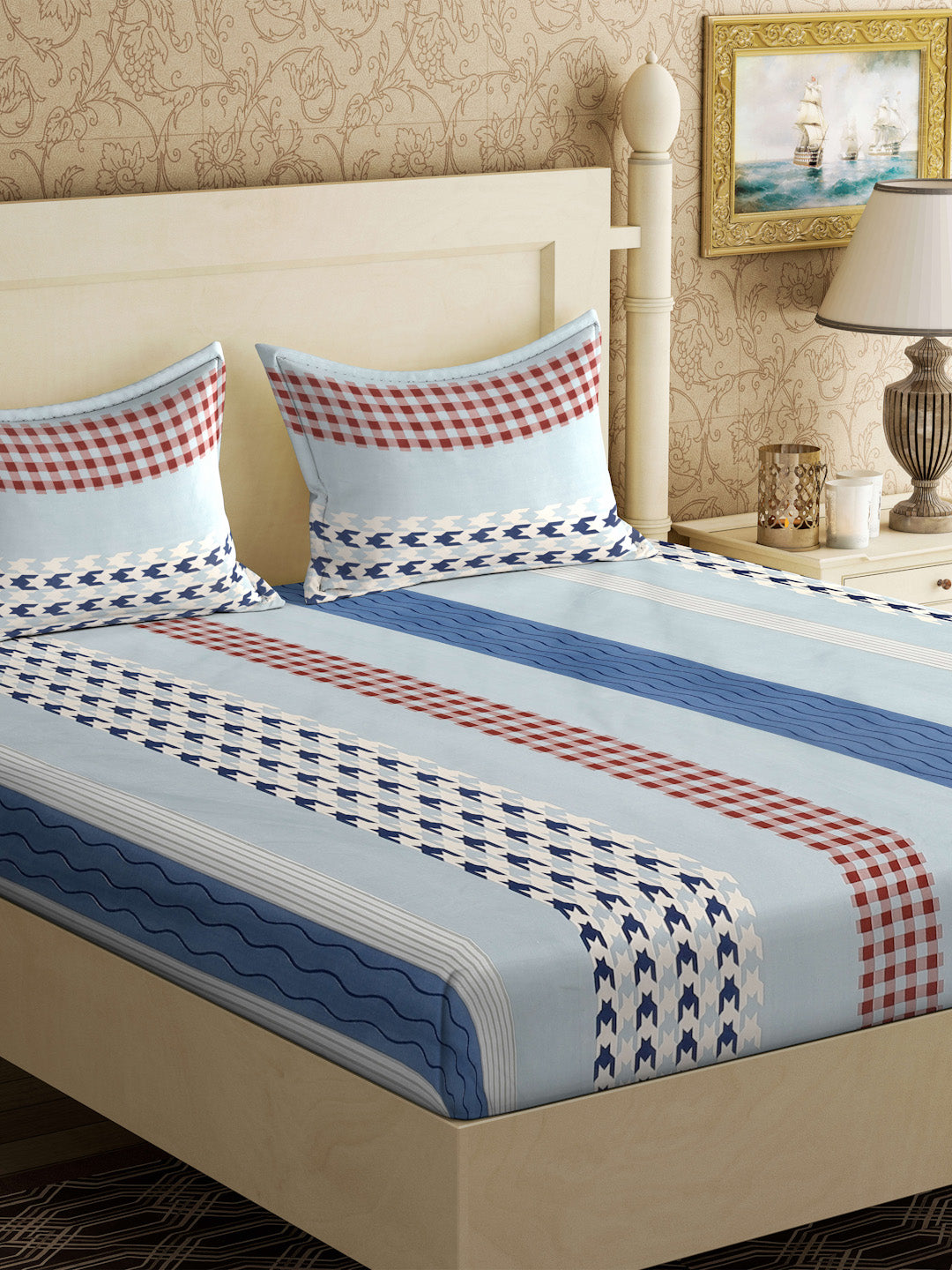 Klotthe Multicolor Striped 300 TC Cotton Blend Double Bedsheet with 2 Pillow Covers