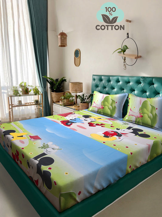 Klotthe Green Cartoon Characters 400 TC Pure Cotton Double Bedsheet with 2 Pillow Covers