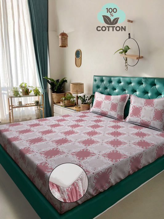 Klotthe Pink Floral 400 TC Pure Cotton Fitted Double Bedsheet with 2 Pillow Covers