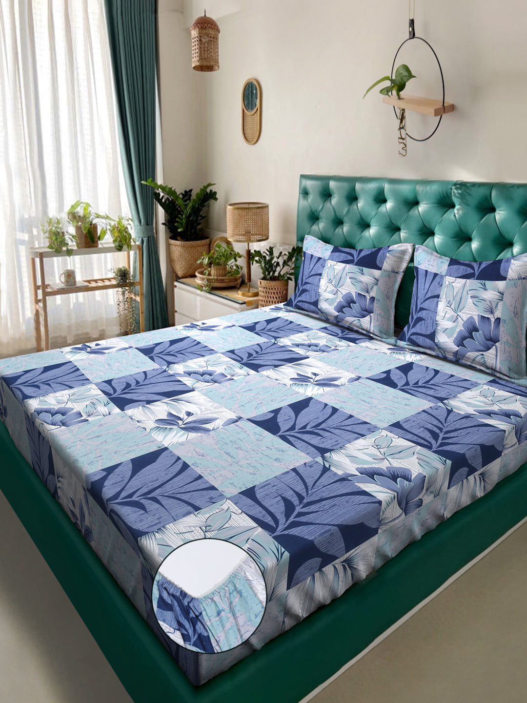 Klotthe Blue Floral 300 TC Cotton Blend Fitted Double Bedsheet with 2 Pillow Covers