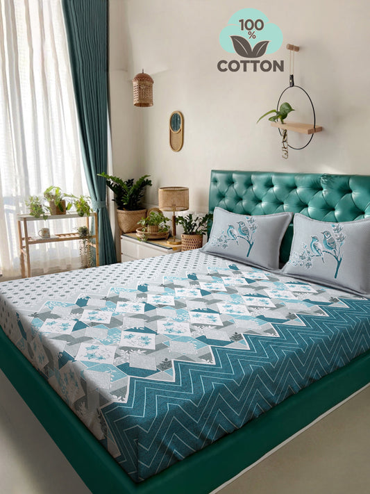 Klotthe Turquoise Geometric 400 TC Pure Cotton Super King Double Bedsheet with 2 Pillow covers