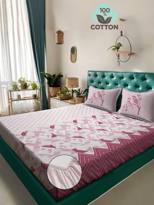Klotthe Magenta Geometric 400 TC Pure Cotton Fitted Super King Double Bedsheet with 2 Pillow covers
