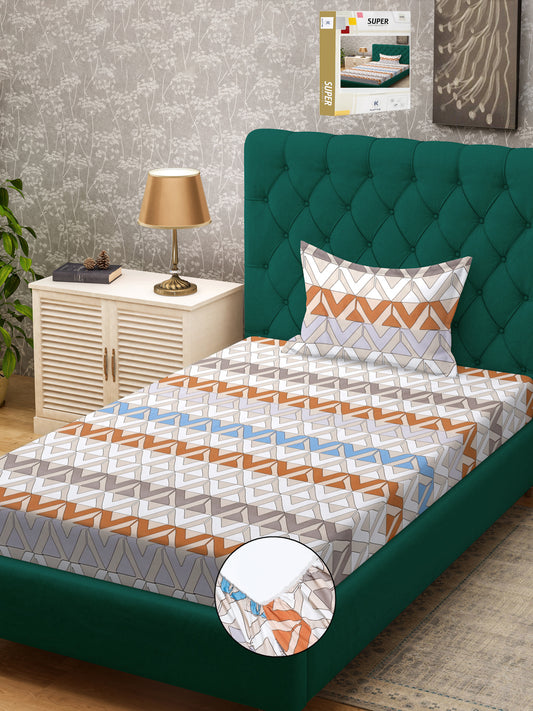 Klotthe Peach Geometric 300 TC Cotton Blend Fitted Single Bedsheet Set in Book Fold Packing