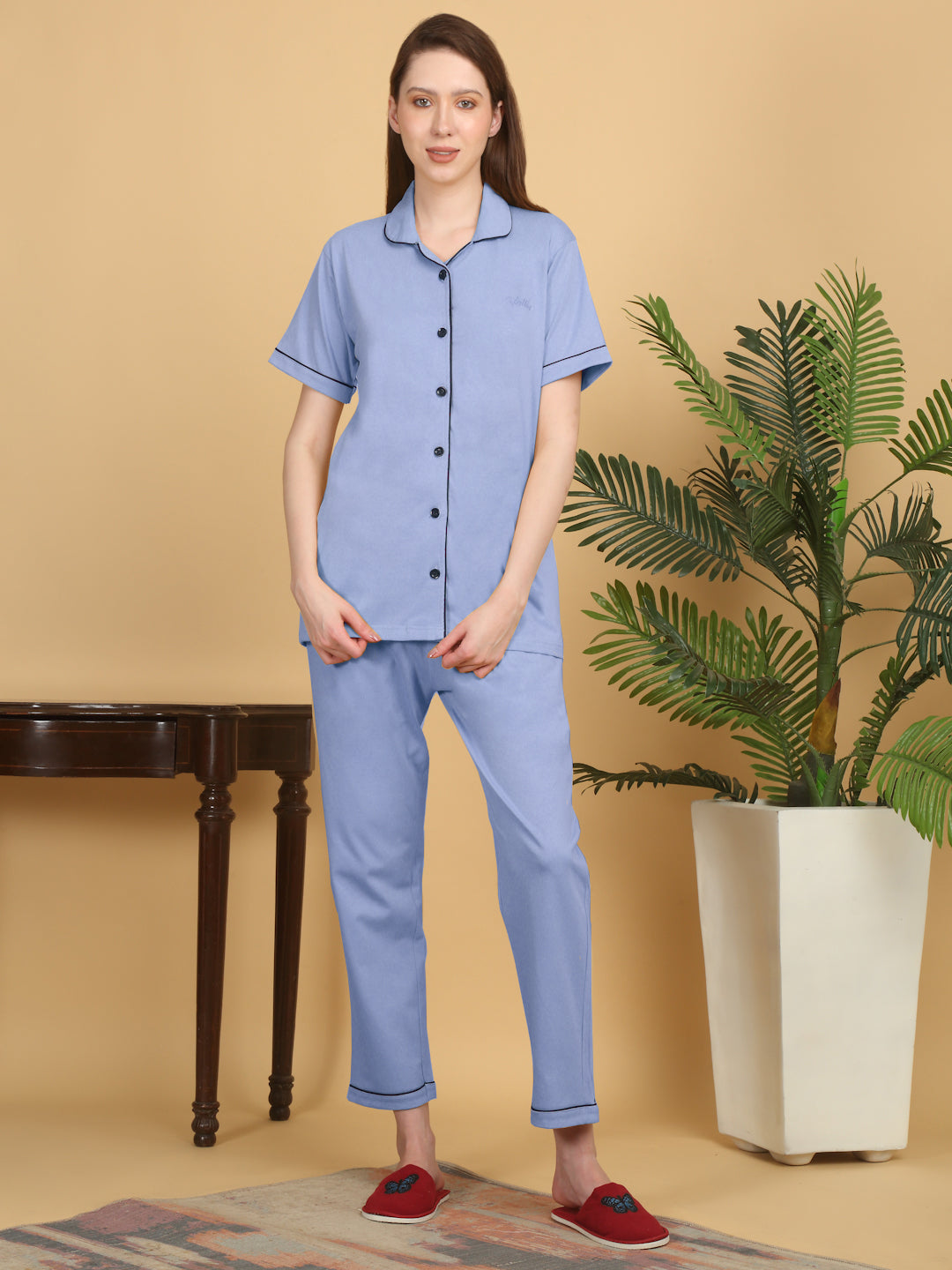 Klotthe Women Sky Blue Solid Cotton Night Suit