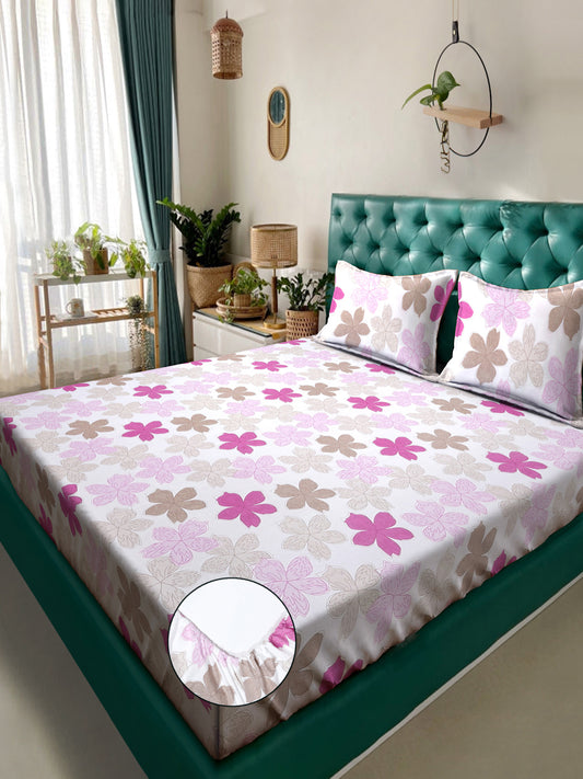 Klotthe White Floral 300 TC Cotton Blend Fitted Double Bedsheet with 2 Pillow Covers