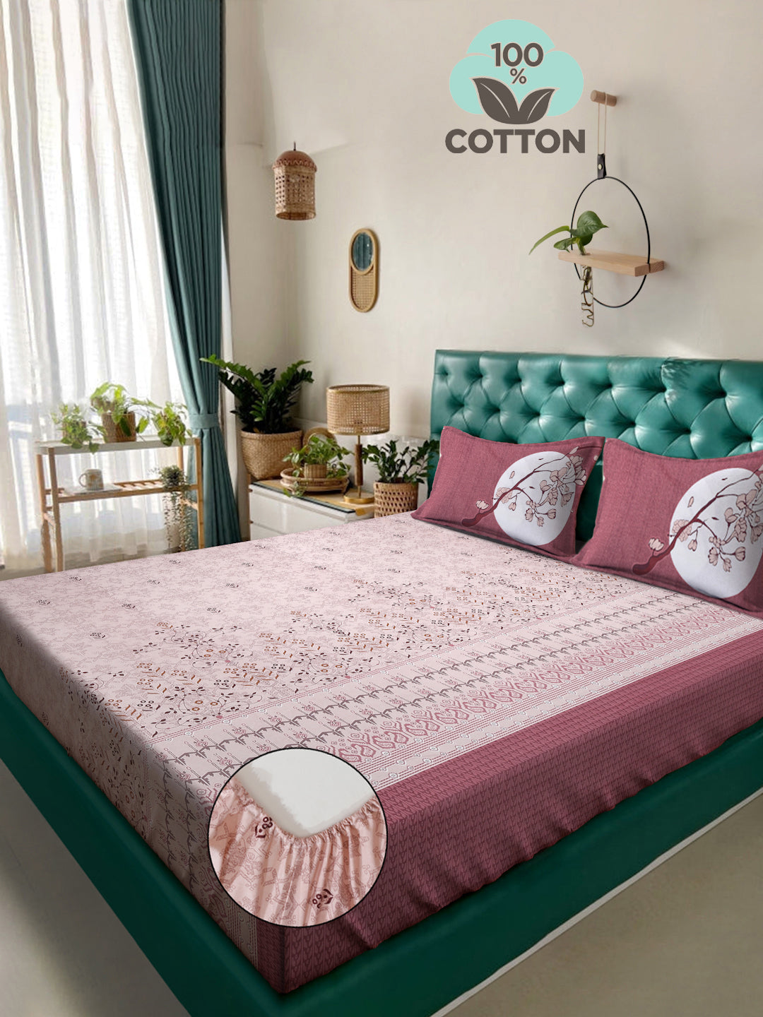 Klotthe Magenta Floral 400 TC Pure Cotton Fitted Super King Double Bedsheet with 2 Pillow covers