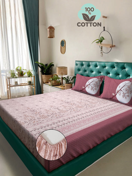 Klotthe Magenta Floral 400 TC Pure Cotton Fitted Super King Double Bedsheet with 2 Pillow covers