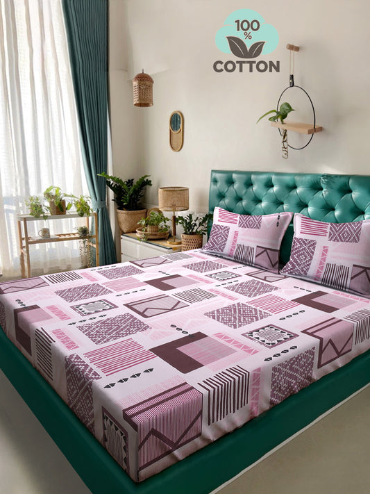 Klotthe Purple Geometric 400 TC Pure Cotton Double Bedsheet with 2 Pillow Covers