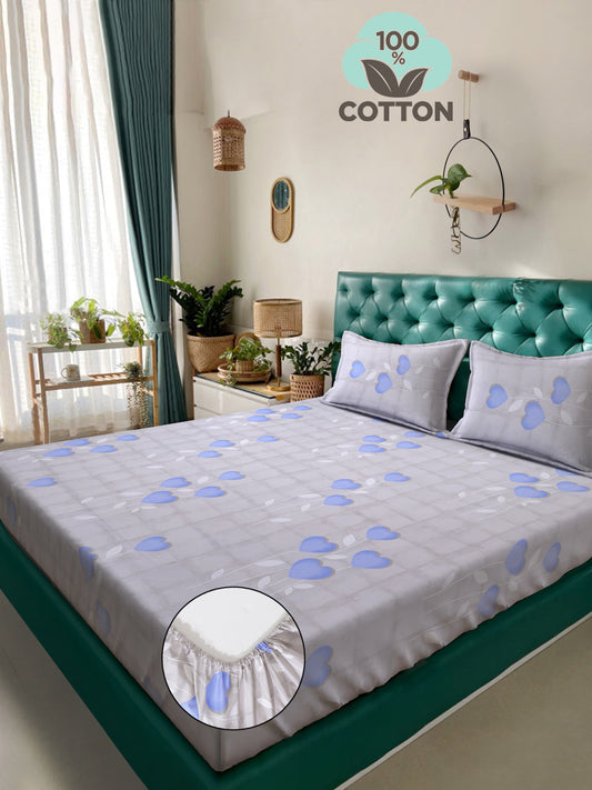 Klotthe Blue Floral 400 TC Pure Cotton Fitted Double Bedsheet with 2 Pillow Covers
