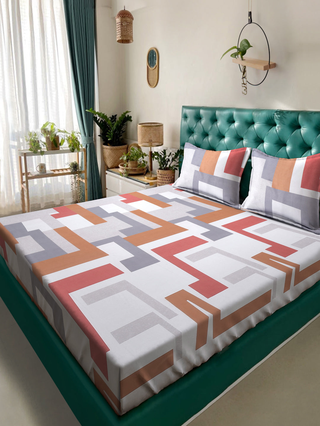 Klotthe Multicolor Geometric 300 TC Cotton Blend Double Bedsheet with 2 Pillow Covers