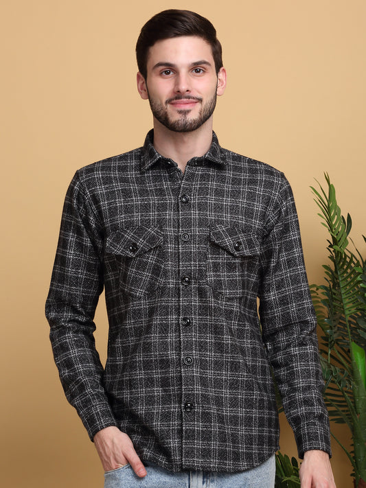 Klotthe Men Black Checked Spread Collar Woolen Casual Shirt