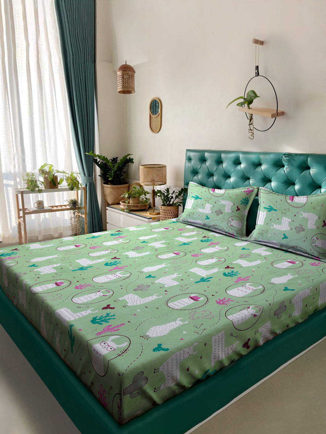 Klotthe Green Cartoon Characters 400 TC Pure Cotton Double Bedsheet with 2 Pillow Covers