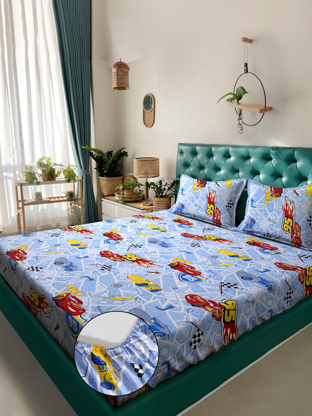 Klotthe SkyBlue Cartoon Characters 400 TC Pure Cotton Fitted Double Bedsheet with 2 Pillow Covers