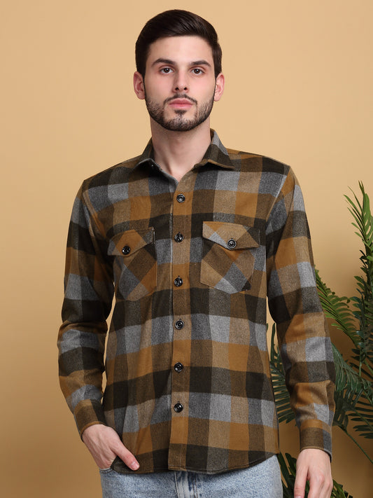 Klotthe Men Brown Checked Spread Collar Woolen Casual Shirt