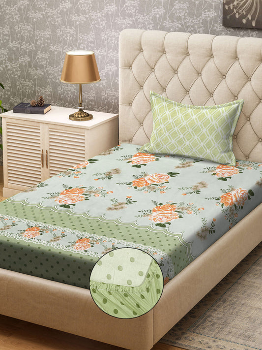 Klotthe Green Floral 300 TC Cotton Blend Fitted Single Bedsheet with Pillow Cover