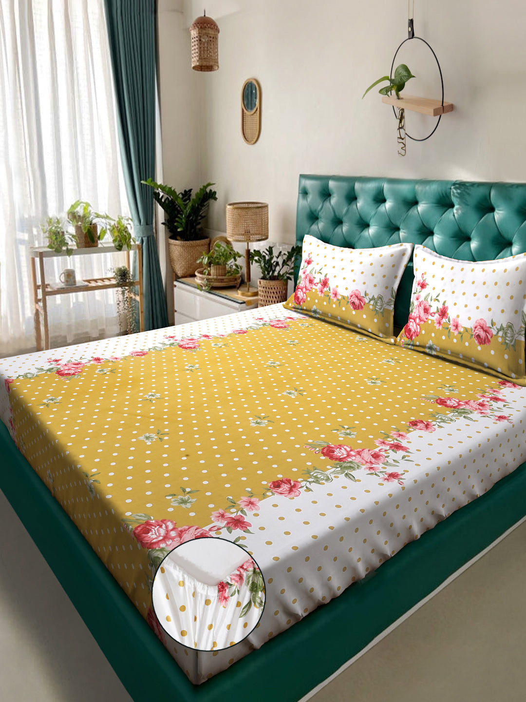 Klotthe Yellow Floral 300 TC Cotton Blend Fitted Double Bedsheet with 2 Pillow Covers