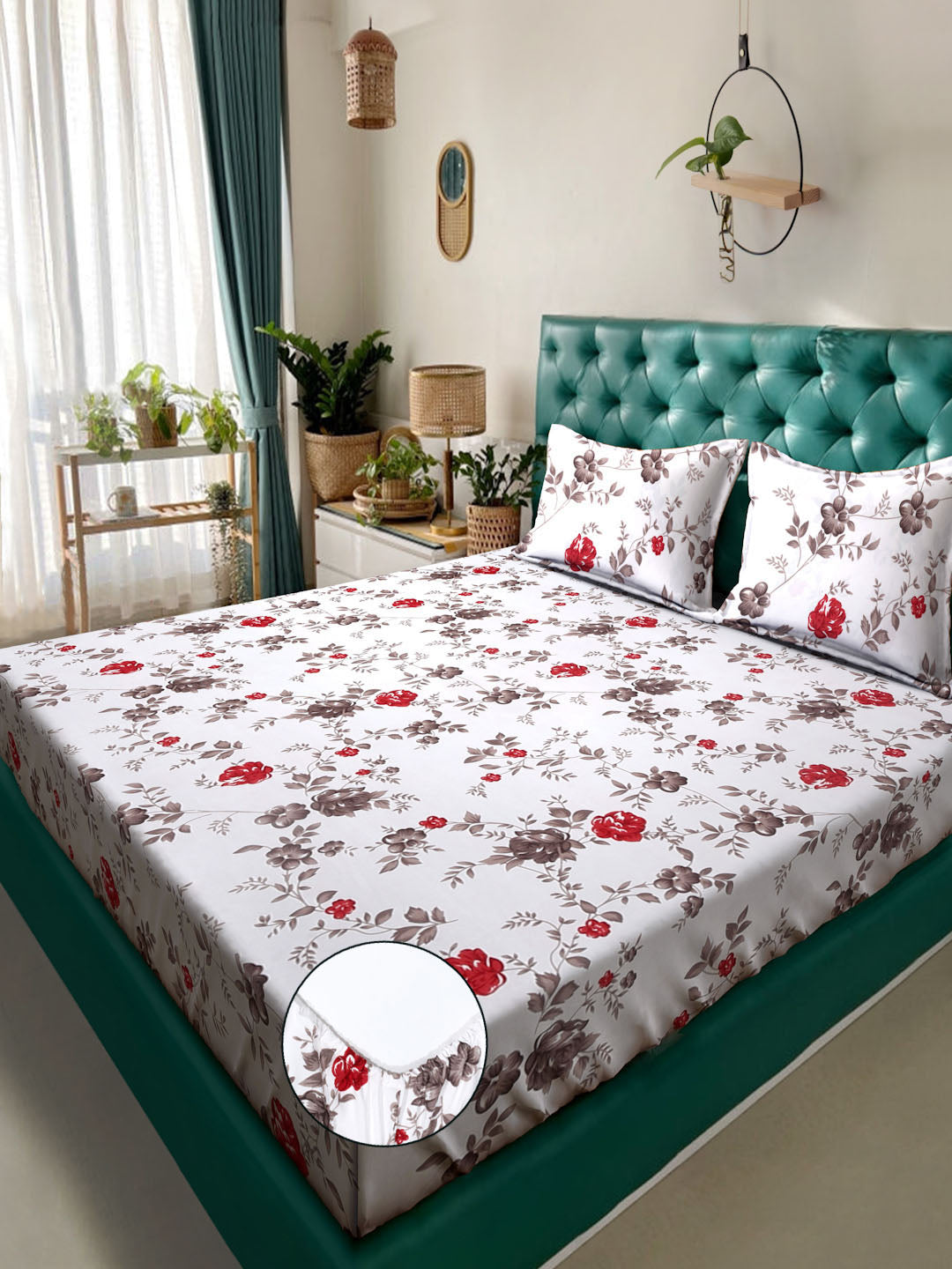 Klotthe White Floral 300 TC Cotton Blend Fitted Double Bedsheet with 2 Pillow Covers