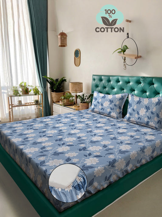 Klotthe Blue Floral 400 TC Pure Cotton Fitted Double Bedsheet with 2 Pillow Covers