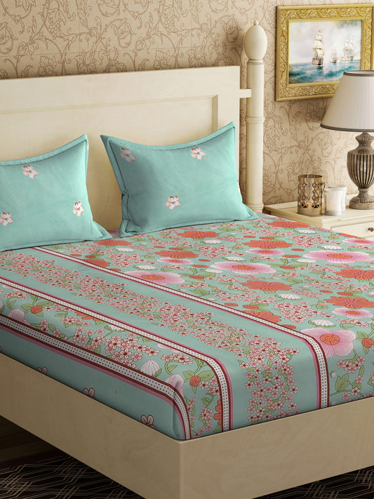 Klotthe Multi Floral 300 TC Cotton Blend Double Bedsheet with 2 Pillow Covers