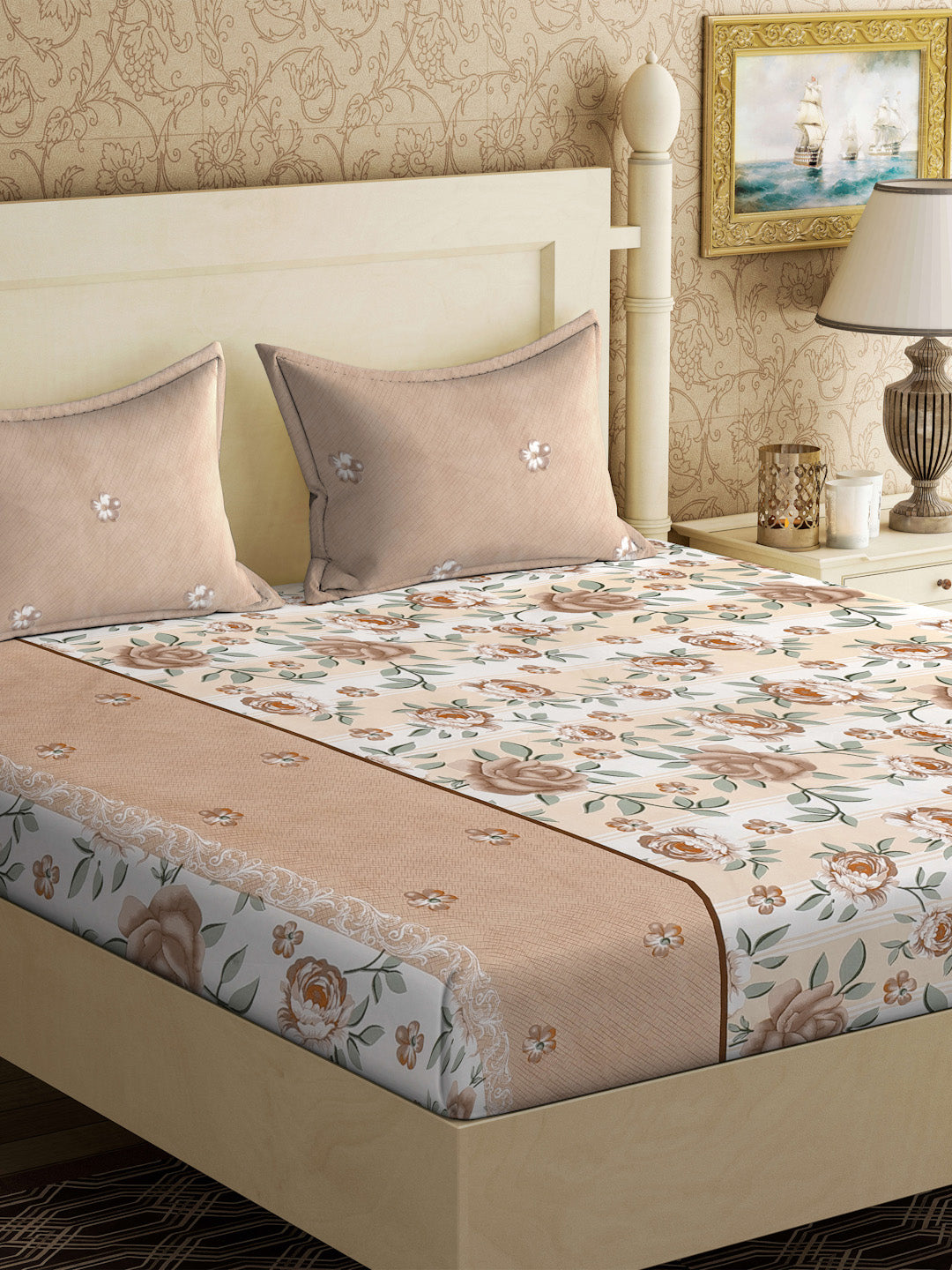 Klotthe Brown Floral 300 TC Cotton Blend Double Bedsheet with 2 Pillow Covers