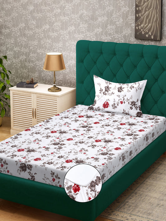 Klotthe White Floral 300 TC Cotton Blend Fitted Single Bedsheet with Pillow Cover