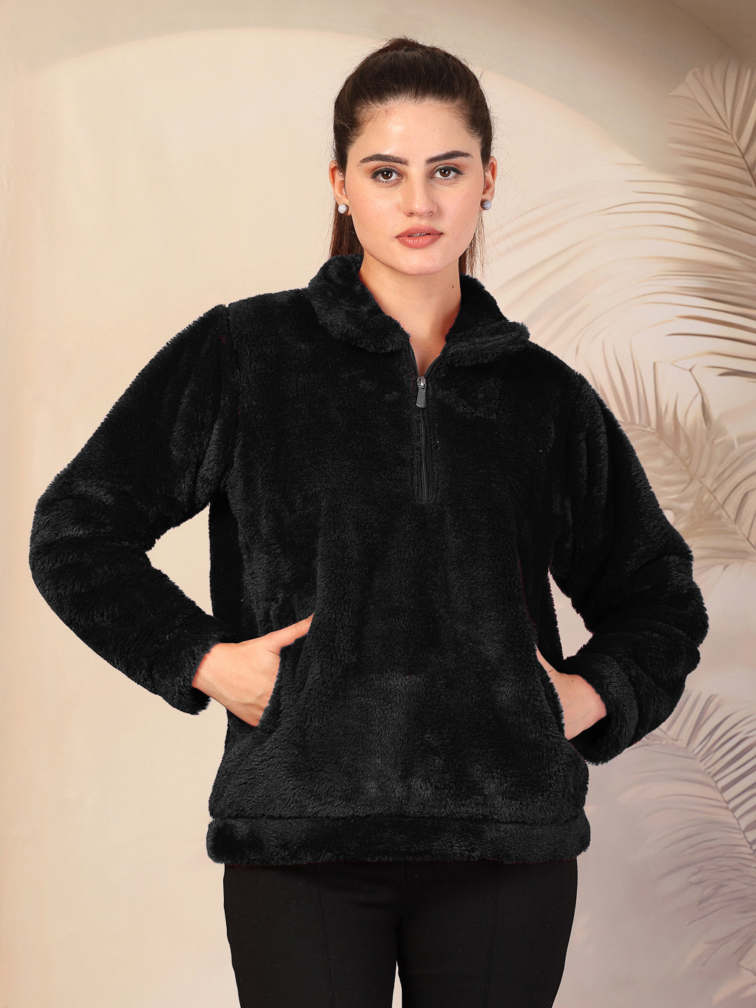 Klotthe Women Black Solid Woolen Fur Winter Jacket