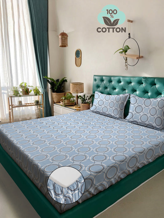 Klotthe Blue Geometric 400 TC Pure Cotton Fitted Double Bedsheet with 2 Pillow Covers