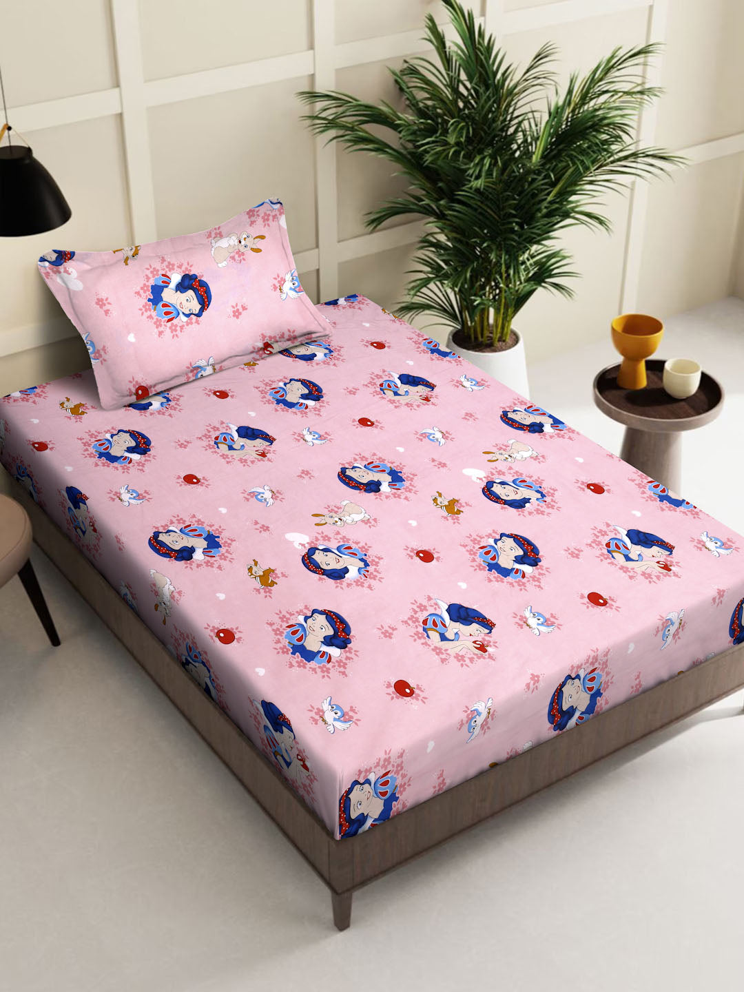 Klotthe Pink Cartoon Characters 400 TC Pure Cotton Single Bedsheet with Pillow Cover