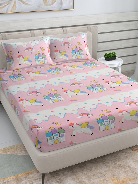 Klotthe Pink Cartoon Characters 300 TC Cotton Blend Double Bedsheet with 2 Pillow Covers