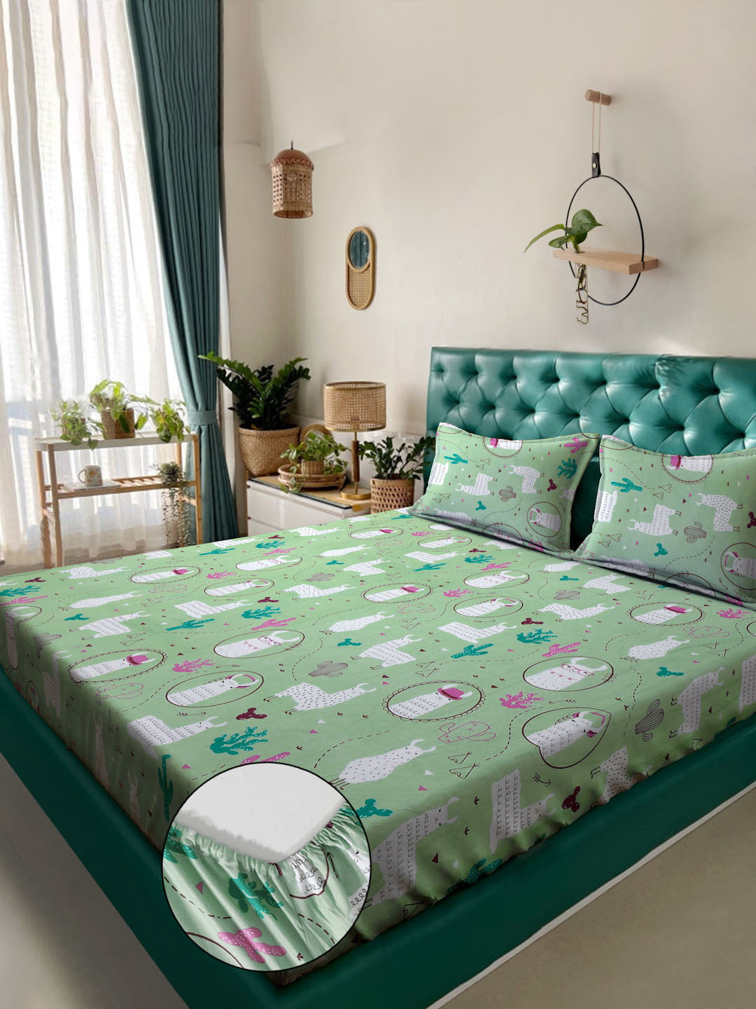 Klotthe Green Cartoon Characters 400 TC Pure Cotton Fitted Double Bedsheet with 2 Pillow Covers