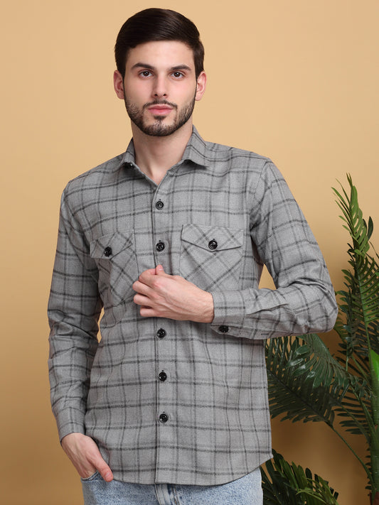 Klotthe Men Grey Checked Spread Collar Woolen Casual Shirt