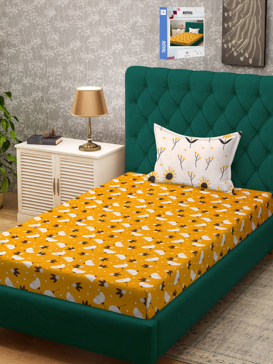 Klotthe Yellow Floral 300 TC Cotton Blend Single Bedsheet Set in Book Fold Packing