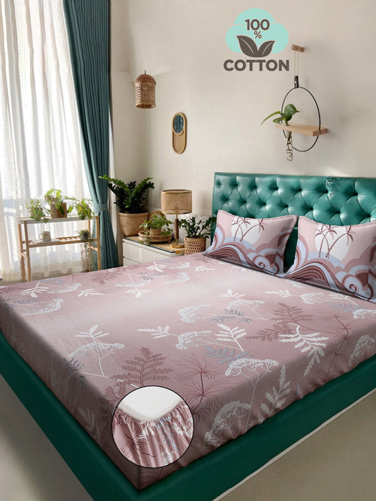 Klotthe Multi Floral 400 TC Pure Cotton Fitted Super King Double Bedsheet with 2 Pillow covers