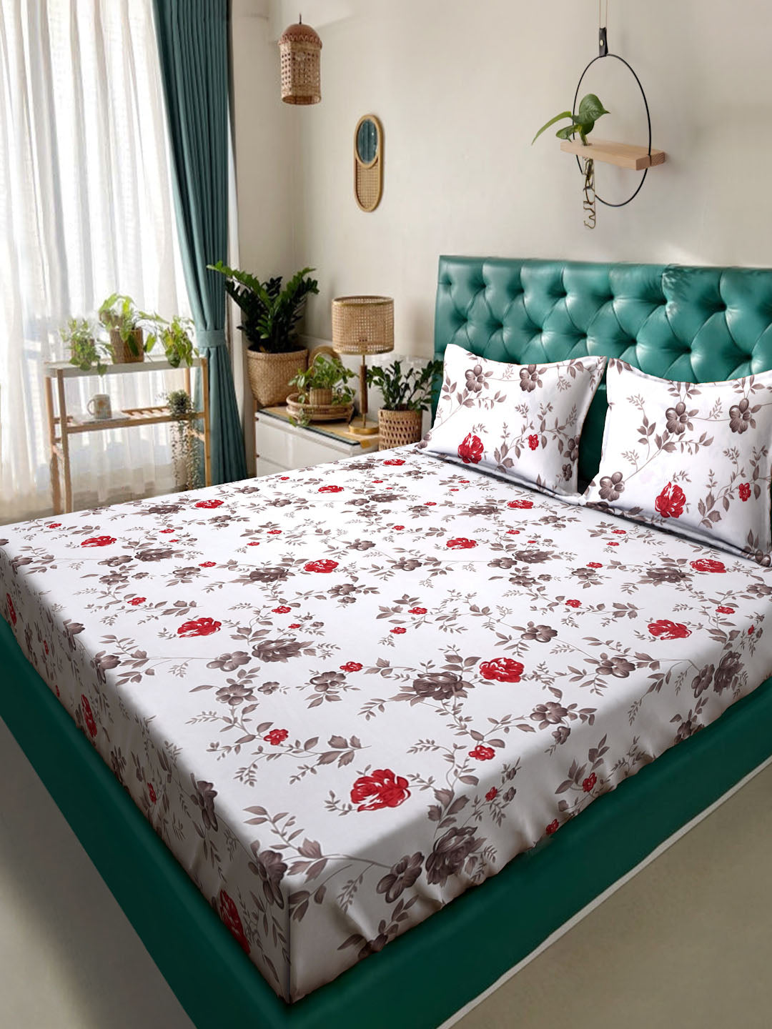 Klotthe White Floral 300 TC Cotton Blend Double Bedsheet with 2 Pillow Covers