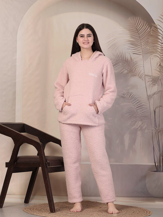 Klotthe Women Light Pink Solid Sherpa Heavy Winter Hooded Woolen Night Suit