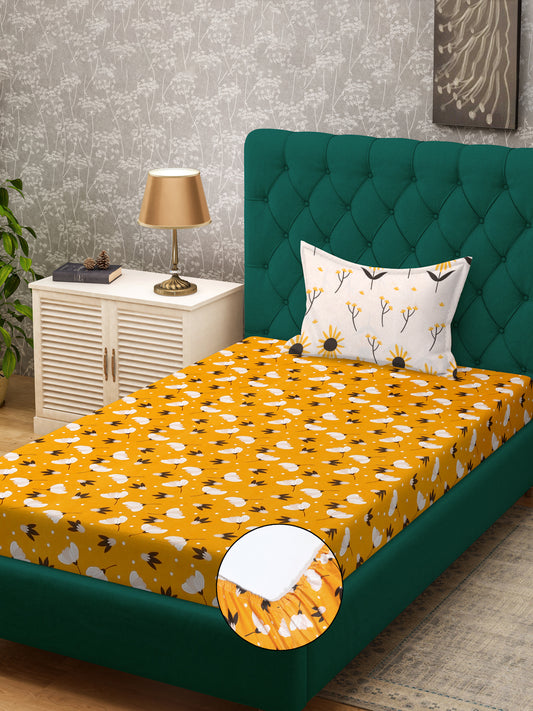 Klotthe Yellow Floral 300 TC Cotton Blend Fitted Single Bedsheet with Pillow Cover