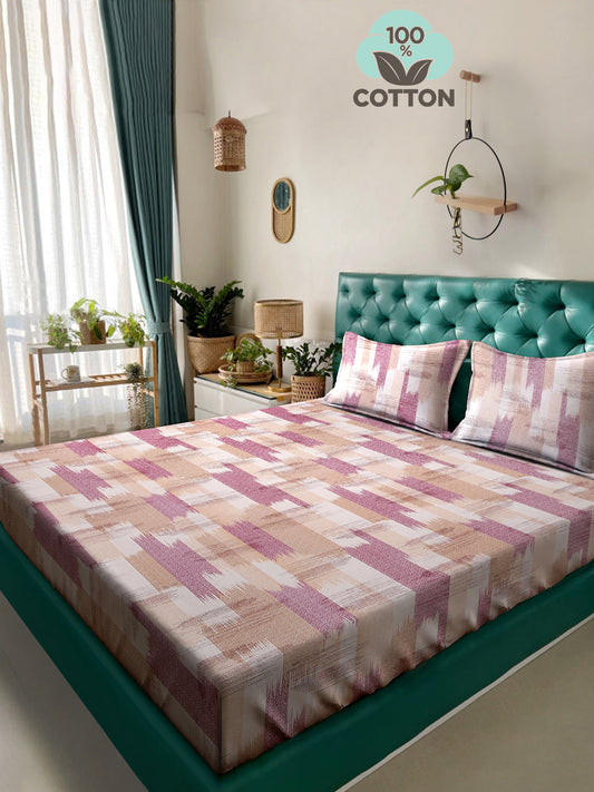Klotthe Pink Geometric 400 TC Pure Cotton Double Bedsheet with 2 Pillow Covers