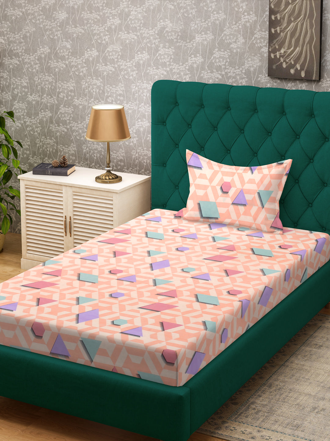 Klotthe Peach Geometric 300 TC Cotton Blend Single Bedsheet with Pillow Cover