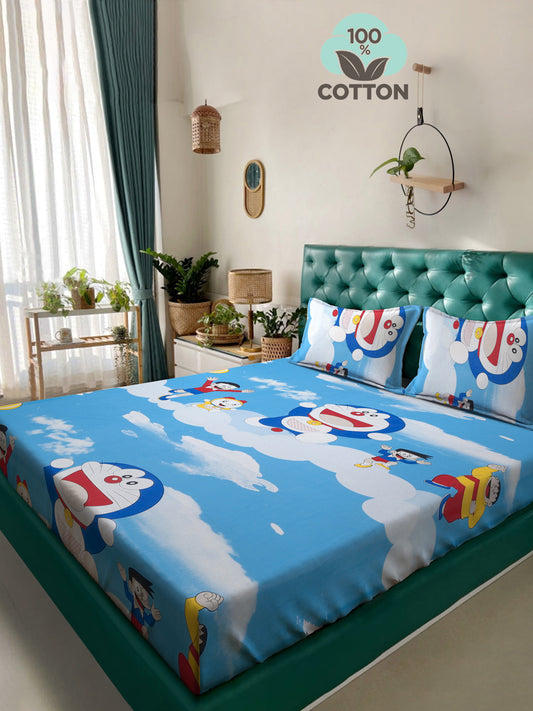 Klotthe Blue Cartoon Characters 400 TC Pure Cotton Double Bedsheet with 2 Pillow Covers