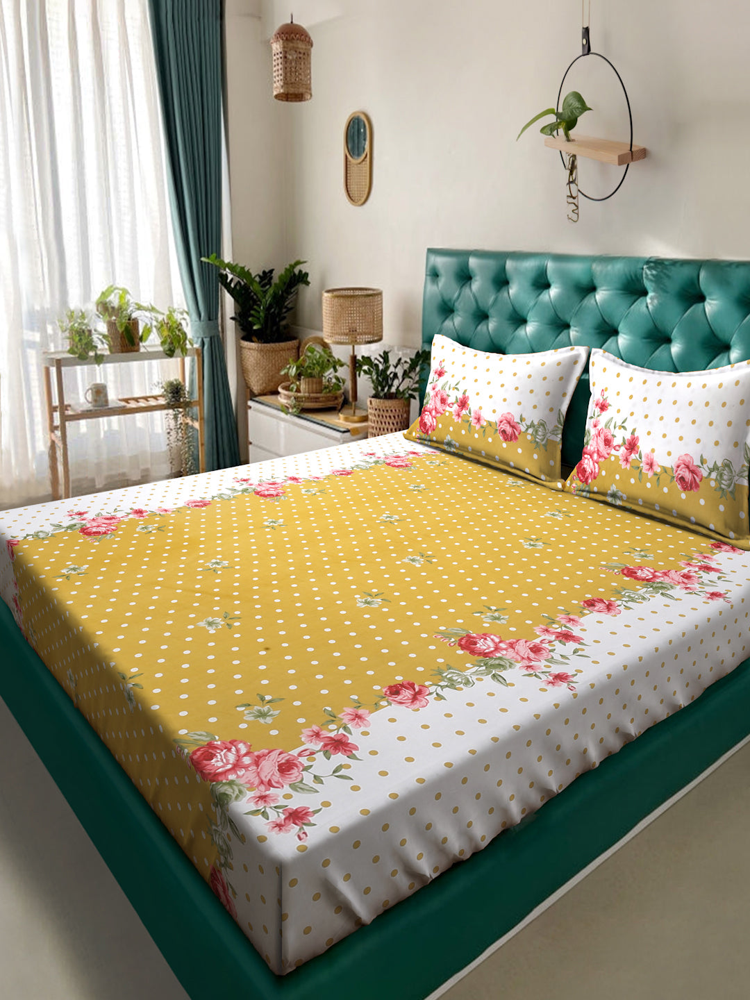 Klotthe Yellow Floral 300 TC Cotton Blend Double Bedsheet with 2 Pillow Covers