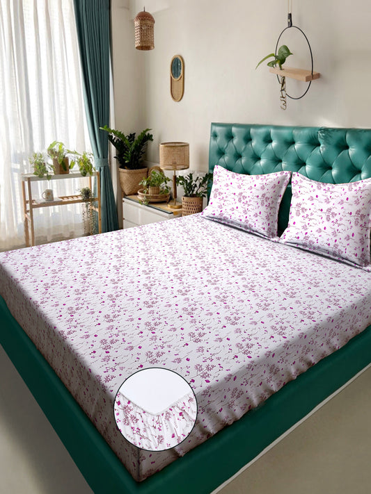 Klotthe White Floral 300 TC Cotton Blend Fitted Double Bedsheet with 2 Pillow Covers