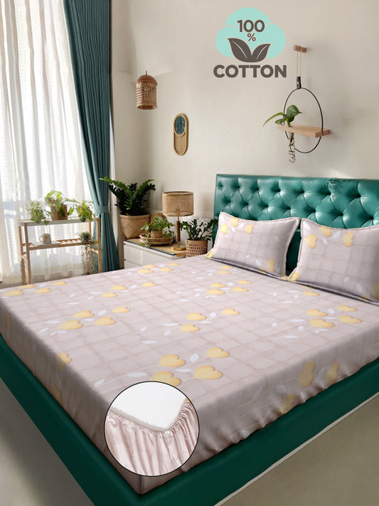 Klotthe Yellow Floral 400 TC Pure Cotton Fitted Double Bedsheet with 2 Pillow Covers