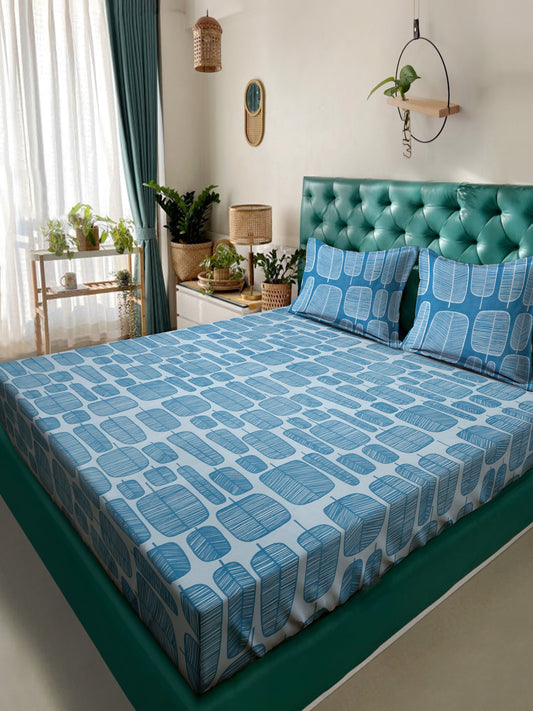 Klotthe Turquoise Geometric 300 TC Cotton Blend Double Bedsheet with 2 Pillow Covers