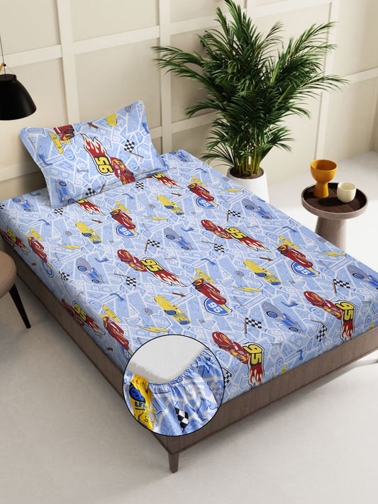 Klotthe SkyBlue Cartoon Characters 400 TC Pure Cotton Fitted Single Bedsheet with Pillow Cover