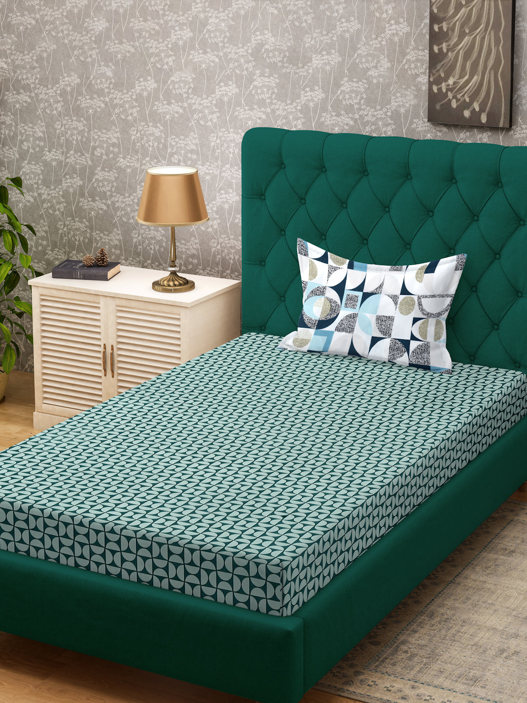 Klotthe Green Geometric 300 TC Cotton Blend Single Bedsheet with Pillow Cover